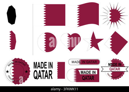 Qatarische Nationalflagge, Landkarte und „Made in Qatar“-Vektorsymbole. Geeignet für geografische, kulturelle, Tourismus-, Bildungs-, kommerzielle und Markenkonzepte Stock Vektor