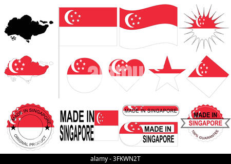 Nationale Vektorsammlung von Singapur mit Flagge, Länderkartensilhouette, Nationalfarben und Badges „Made in Singapore“. Geeignet für Reisen und Tourismus. Stock Vektor