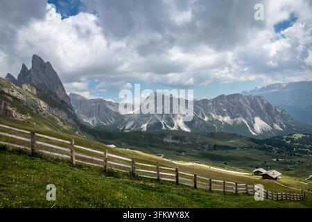 Odle-Gipfel und grüne alpine Weiden mit Holzzaun in Seceda, Dolomiten, Italien Stockfoto