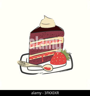 isolierte Vektorillustration eines niedlichen handgezeichneten Schokoladentortens auf einem Teller, dekoriert mit frischer Erdbeere und einem kleinen Dessertlöffel. Skizzenhafter Doodle-Stil-Grafikelement für Backwarenkarten, Café Stock Vektor