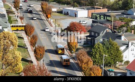 Luftaufnahme von Schulbussen, die auf einer Straße fahren, die in einem Wohngebiet von Lynchburg, Virginia, USA, mit bunten Herbstbäumen gesäumt ist. Stockfoto