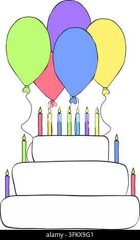 Geburtstagstorte mit Luftballons und Kerzen Geburtstagszusammensetzung farbige handgezeichnete Illustration. Vektor-Grafik-Linien-Tinten-Kunst. Feier-Gruß Stock Vektor