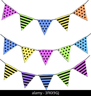 Partyflaggen-Dekoration Happy-Birthday-Komposition farbige handgezeichnete Illustration. Vektorgrafik Linien-Tinten-Kunst. Hintergrund für Banner, Druck für Stoff Stock Vektor