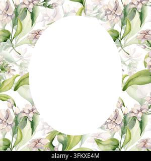 Zarter floraler Rahmen mit ovalem Platz für Text isoliert. Aquarell-Jasmin- und weiße Kamelienblüten auf Stängeln mit Blättern handgezeichnet für Etiketten oder Stockfoto