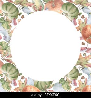 Herbstliches weiches Aquarellrahmen mit Kürbissen, Blättern und Eicheln isoliert. Handgezeichnete Vorlage für Herbstgrußkarten. Saisonale Einladung, Verpackung Stockfoto