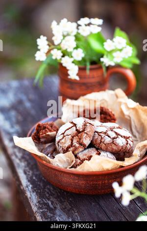 Hausgemachte Schokolade Crinkles Cookies, Outdoor Hintergrund, Nahaufnahme Stockfoto