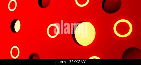 Abstrakter roter Hintergrund mit leuchtenden Kreisen, 3D-Rendering. Stockfoto