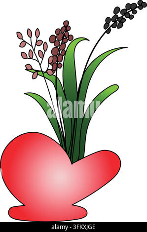 Blumen- und Pflanzenstrauß in roter Farbe in Herzform Vase Doodle-Linienkunst Design Vektor und Illustration. Stock Vektor