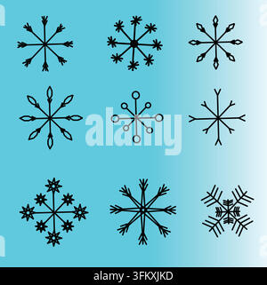 Schneeflocken-Satz von Symbolen Zeichen Fantasie auf blauem Farbverlaufshintergrund. Weihnachten Winterferien Schnee-Muster, Dekoration-Vektor und -Illustration Stock Vektor