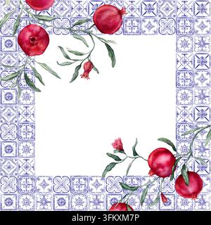 Quadratischer Rahmen aus traditionellen portugiesischen Azulejo-Fliesen und Granatapfelbranche. Blaues Mittelmeer, spanische Keramiktraditionen. Handgezeichnetes Aquarell Stockfoto