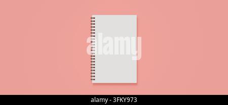 Weiße spiralförmige Notizbuch-Vorlage auf rosa Hintergrund, 3D-Rendering. Stockfoto