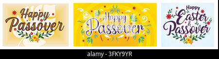 Frohes Passah. Handgeschriebene frohe Ostern mit Blumen. Blumen und Blätter. Flaches Vektor-Moderne Illustration Stock Vektor