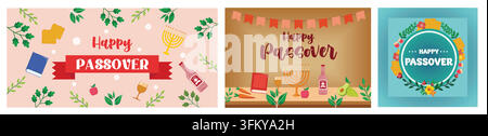 Ostergrüßkartenvorlage-Banner. Frohe Ostern Horizontal-Banner mit Gemüse, Heiliger Bibel und Getränk. Frohe Ostern Inschrift. Set flaches Vektor Stock Vektor