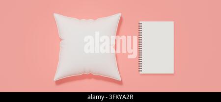 Weiße Kissen- und Spiralnotizbuch-Vorlage auf rosa Hintergrund, 3D-Rendering. Stockfoto