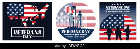 Veterantag mit amerikanischer Flagge und Soldaten. Alle, die gedient haben, ehren. Veterantag mit amerikanischer Flagge und Soldaten, die Gewehre tragen. Flaches Vektor-Set Stock Vektor