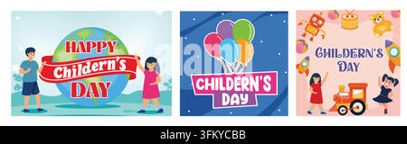 Kinder auf der ganzen Welt feiern den Kindertag. Kindertag-Hintergrund. Konzept der glücklichen Kindheit. Set flache Vektor-Moderne Illustration Stock Vektor
