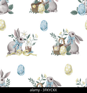 Nahtloses Aquarell-Oster-Muster mit Kaninchenarrangements, Körben, Eiern, Blumen, Bändern und Kuchen auf Weiß. Pastell-Design für Stoff und Verpackung Stock Vektor