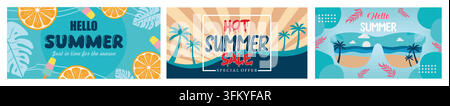 Farbenfrohes Sommer-Banner-Design. Sommer-Sale-Banner. Sommer-Spaß-Konzept-Design. Set flaches Vektor-modernes Illustration Stock Vektor