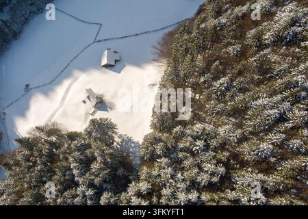 Brasov, Rumänien - 21. September 2026: Luftaufnahme einer kleinen Hütte, die in eine schneebedeckte Lichtung eingebettet ist, umgeben von einem dichten Kiefernwald im Winter l Stockfoto