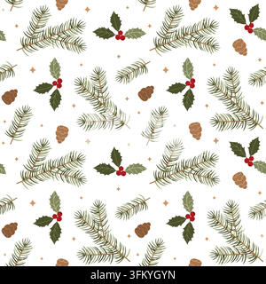 Handgezeichnetes florales Weihnachtsmuster ohne Ende aus Kiefernzapfen und Ästen und Stechpalmenbeere für saisonalen Hintergrund oder Verpackung Stock Vektor