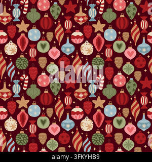 Winterferien-Nahtlosmuster aus Vintage-Baumschmuck und Weihnachtsschmuck für saisonalen Stoff, Hintergrund, Geschenkpapier Stock Vektor
