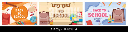Willkommen und zurück zur Schule. Schreibtischglobus. Rucksäcke und Bücher, Uhr und Stifte mit Schreibtischlampe. Flaches Vektor-Modern-Illustrationenset Stock Vektor