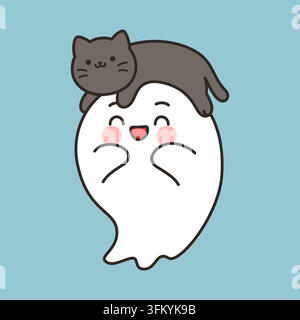 Niedlicher Geist mit grauer Katze, die auf dem Kopf liegt, Vektorillustration Stock Vektor