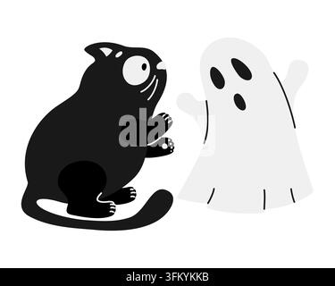 Süße schwarze Katze und freundlicher Geister-Halloween-Charakter-Cartoon. Für gruselige Grußkarten und Partydesign. Vektorillustration Stock Vektor