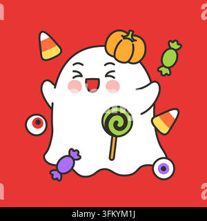 Niedliches Geister-Charakter umgeben von Halloween-Süßigkeiten und Kürbis-Vektorillustration Stock Vektor
