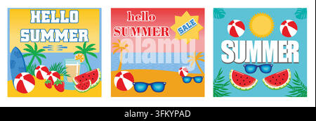 Hallo Sommer Konzeptdesign. Sommerreise-Poster-Banner. Sommertext-Bannerdesign mit weißem Titel und farbenfrohen tropischen Strandelementen. Set flach ve Stock Vektor