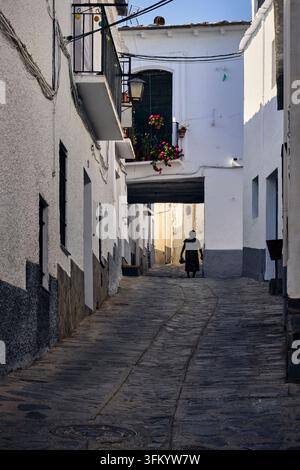 Die sonnige Gasse zeigt traditionelle weiß getünchte Architektur mit farbenfrohen Blumentöpfen, die von Balkonen hängen, in einer ruhigen mediterranen Stadt Stockfoto