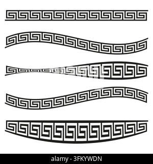 Griechisches Schlüsselmeander-Ornamente-Bordursatz-Vektor. Ornamente-Satz unterstützt klassische Rahmen und dekorative Web-Elemente. EPS 10. Stock Vektor