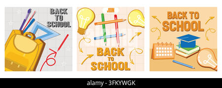 Zurück zur Schule. Gelber Rucksack, Schreibwaren. Zurück zur Schule mit Tic-Tac-Toe-Spiel. Zurück-zur-Schule-Konzept. Flaches Vektor-Modernillustration-Set Stock Vektor