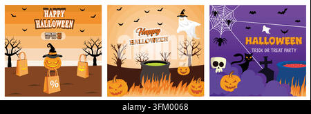 Halloween-Verkaufsaktions-Postervorlage mit Halloween-Kürbissen. Halloween-Banner mit traditionellen Symbolen. Fröhliches Halloween-Banner oder Party-Einladung Stock Vektor