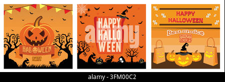 Vorlage für ein fröhliches Halloween-Banner mit Halloween-Kürbissen und Halloween-Elementen. Fröhliches Halloween. Vorlage für ein Halloween-Angebotsplakat mit Hallowe Stock Vektor