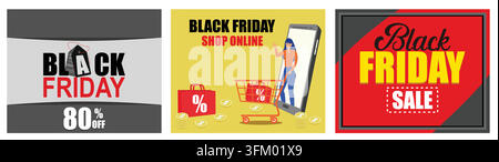 Black Friday Logo für Werbung. Frau mit Einkaufswagen kauft Geschenke, Online-Geschenke im Laden oder Einkauf über mobile App. Black Friday Sale Banner w Stock Vektor