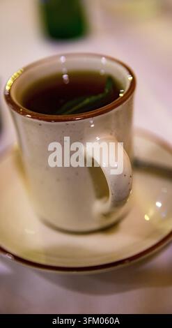 Eine Nahaufnahme eines heißen arabischen schwarzen Tees, der mit einem frischen grünen Minzblatt aufgebrüht wurde, serviert in einer klassischen gesprenkelten Keramiktasse aus Sahnecreme auf einer passenden Soße Stockfoto