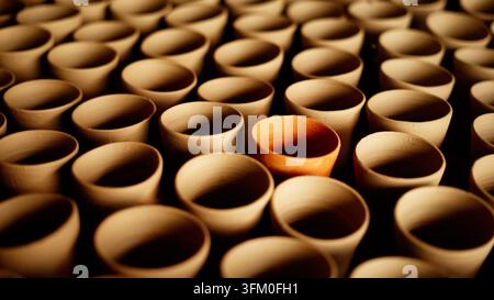 Nahaufnahme von Tonbechern aus Lehm. Es ist bekannt als kulhad in der Hindi-Sprache. Stockfoto