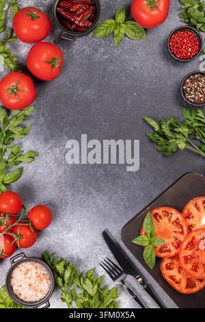 Frische rote Tomaten. Lebendige grüne Kräuter wie Basilikum und Petersilie. Und verschiedene Kochgewürze einschließlich rosa Salz und Pfefferkörnern, angeordnet auf einem dunklen Grau Stockfoto