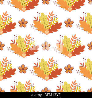 Herbstliches Nahtloses Muster. Herbst-Vektor-Hintergrund. Mehrfarbige Blätter, Blumen und Beeren. Perfekt für Textilien, Stoffe, Scrapbooking, Geschenkpapier Stock Vektor