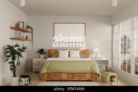 Ein nachhaltiges Schlafzimmer, das eine gemütliche Atmosphäre durch natürliches Licht, Pflanzen und moderne Designelemente zeigt Stockfoto