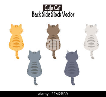 Einfache Cartoon-Tigerkätzchen von hinten betrachtet mit gestreiften Mustern, bestehend aus einer Sammlung von orangefarbenen, braunen, grauen, dunkelgrauen und weißen Katzensilhouetten Stock Vektor