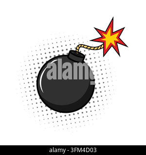 Cartoon-Bombe im Pop-Art-Stil Vektorillustration mit einer klassischen runden schwarzen Bombe und einer brennenden Lunte, dramatische Funken-Effekte Stock Vektor