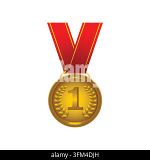 Realistische Goldmedaille auf rotem Band mit polierter Metalloberfläche, elegantem Lorbeerdesign, detaillierten geprägten Elementen Stock Vektor