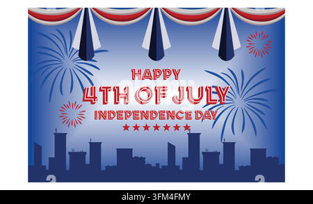 US 4. Juli Unabhängigkeitstag-Banner-Vorlage mit Feuerwerk und US-Stadtbild. Flache Vektor-Moderillustration Stock Vektor