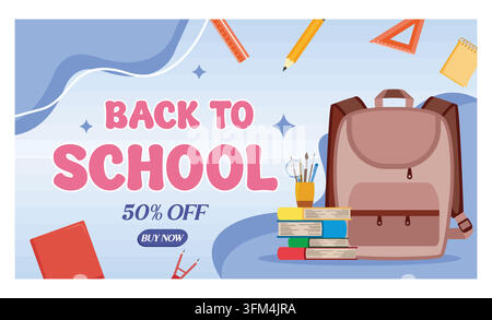 Zurück zur Schule Banner mit Rucksäcken und Büchern, Uhr und Bleistiften mit Schreibtischlampe. Flache Vektor-Moderne Illustration Stock Vektor