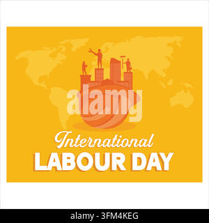 Internationaler Tag der Arbeit Konzept. Glückliche Arbeitstag-Typografie mit einer Gruppe von Arbeitern und Sicherheitshelm. Posterbanner-Vorlage Design. Flacher Vektor-Modell Stock Vektor