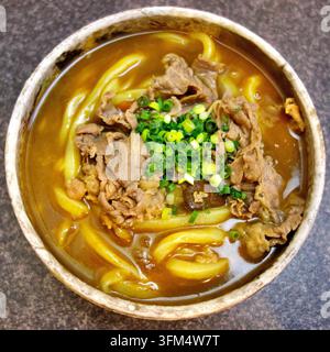Eine tröstliche Schüssel japanische Curry-Udon-Nudelsuppe, belegt mit zartem geschnittenem Rindfleisch und frischen gehackten grünen Zwiebeln in einer rustikalen Keramikschüssel. Stockfoto