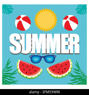 Sommer-Text-Banner-Design mit weißem Titel und bunten tropischen Strandelementen auf blauem Musterhintergrund für den Sommer. Flache Vektor-Moderne Illustration Stock Vektor