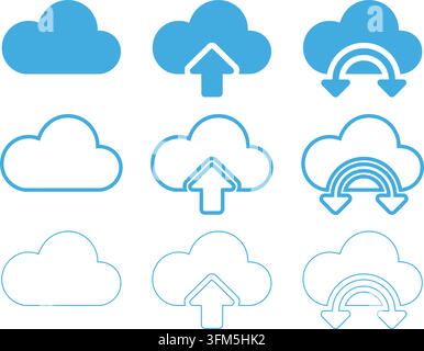 Abstrakte Cloud-Technologie-Symbole für Netzwerkspeicher, Datentransfer-Weboberflächengrafiken, einfache blaue Wettervektoren. Stock Vektor